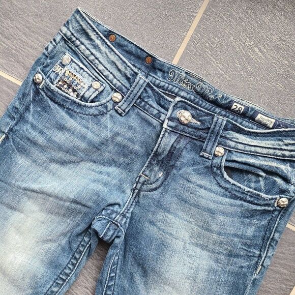 Miss Me Signature Rise Boot Cut Sequin & Embroidered Pockets Blue Denim Jeans 28 - Picture 10 of 16